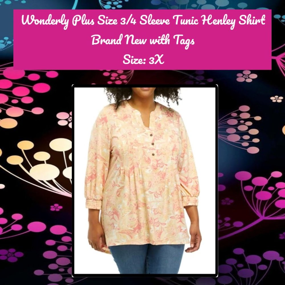 Wonderly Plus Size 3/4 Sleeve Tunic Henley Shirt 3X